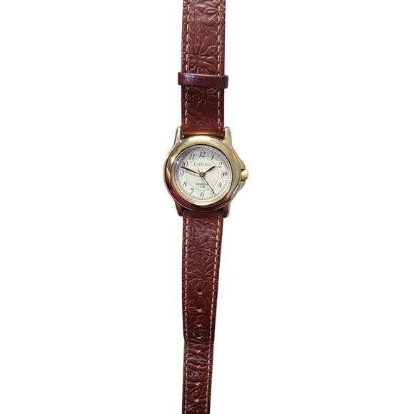 Carriage Timex Indiglo Watch Gold Tone 30M Brown Leather Band - Picture 1 of 10